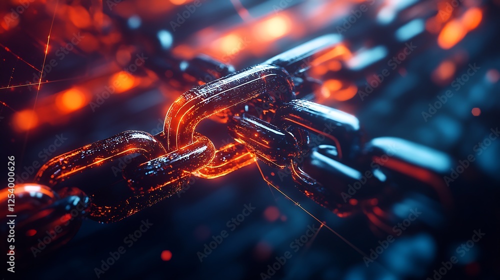 Poster close up of glowing metallic chains with bright light reflections illustrating technology and connec