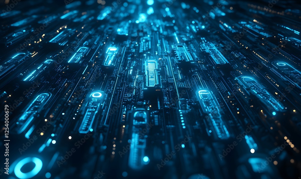 Poster abstract futuristic technology background with glowing blue circuit board patterns and geometric sha