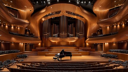 Grand concert hall interior, stage, piano, organ, wooden architecture, performance venue