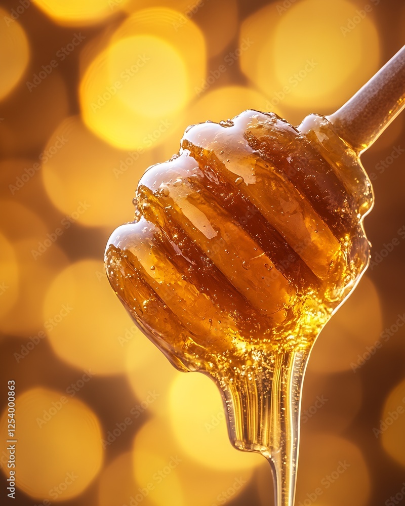 Poster Golden honey dripping from a wooden honey dipper with a bokeh background : Generative AI