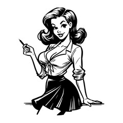 Confident pin-up beauty vector – monochrome hand-drawn portrait