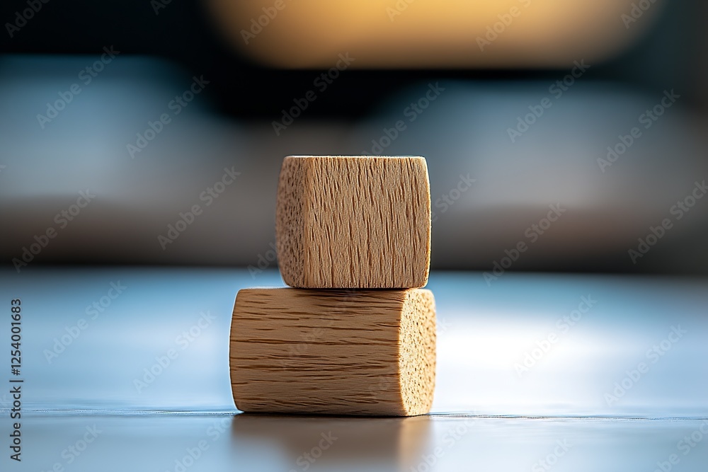 Poster Elegant natural wooden blocks stacked stylishly on a minimalist desk blurred background : Generative AI