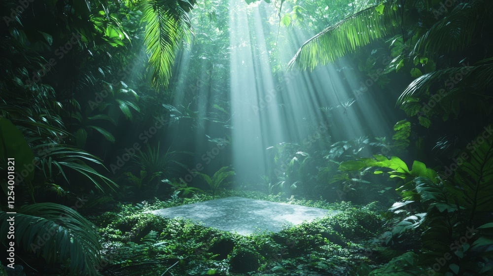 Poster sunlight filters through dense foliage creating a mystical jungle scene