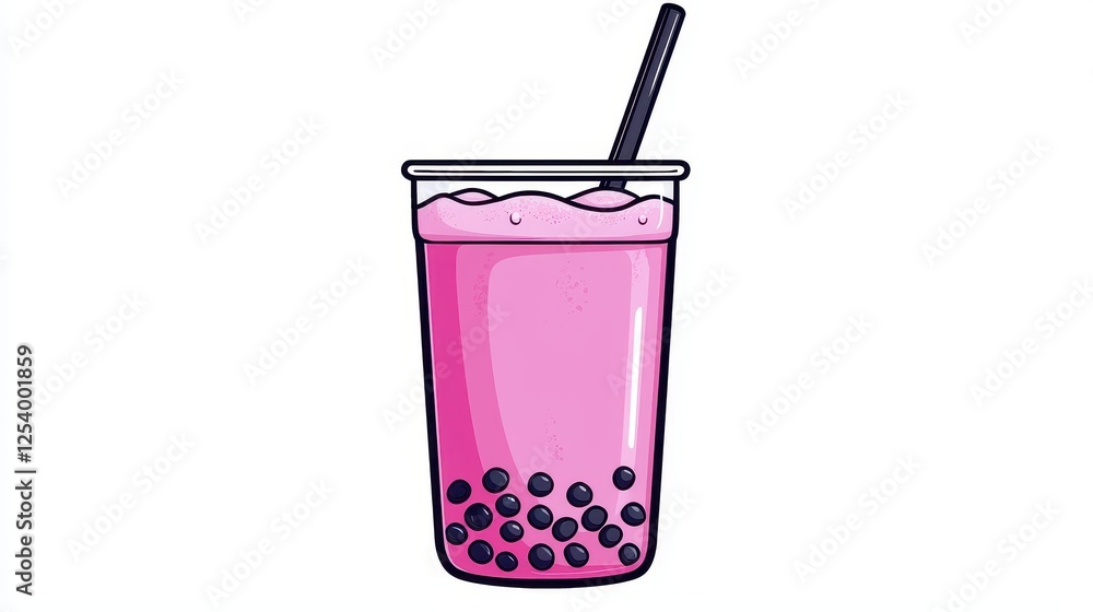 Wall mural A colorful bubble tea drink in a clear cup with black tapioca pearls and a straw.