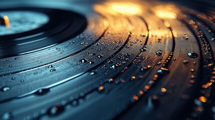 Water Droplets on a Vinyl Record: A Close-Up Study in Texture and Light