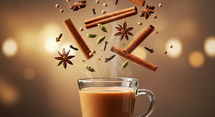 flying aromatic spices with a cup of chai tea or coffee