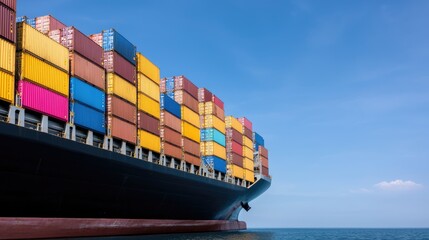 Naklejka premium Large cargo ship with colorful containers, sunny day, clear blue sky