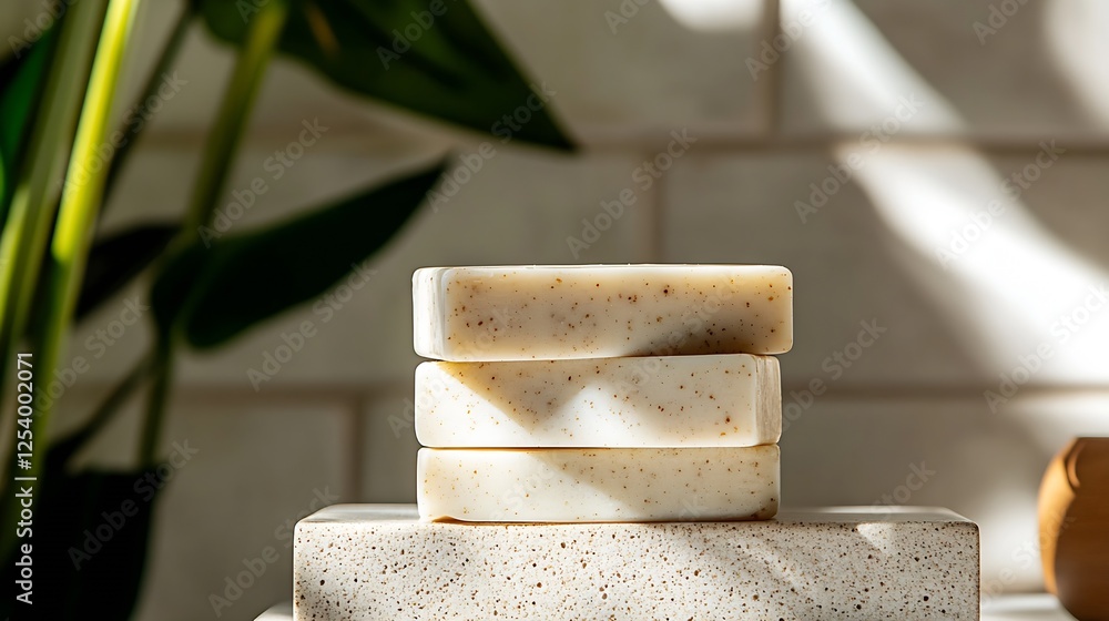 Poster Aesthetic arrangement of natural soap bars placed on a textured background with soft shadows and green foliage : Generative AI