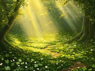Fototapeta premium Magical shamrock forest with golden light rays for St. Patrick�s Day