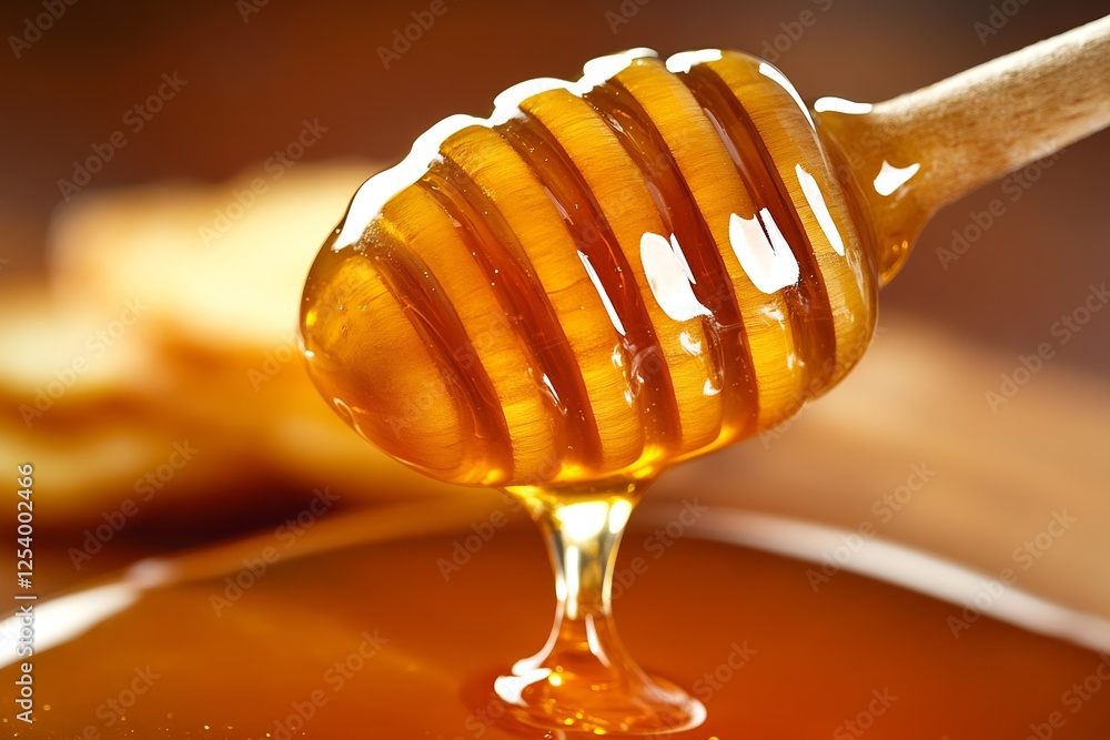 Poster close-up of honey dripping from a wooden dipper highlighting its rich golden color : generative ai