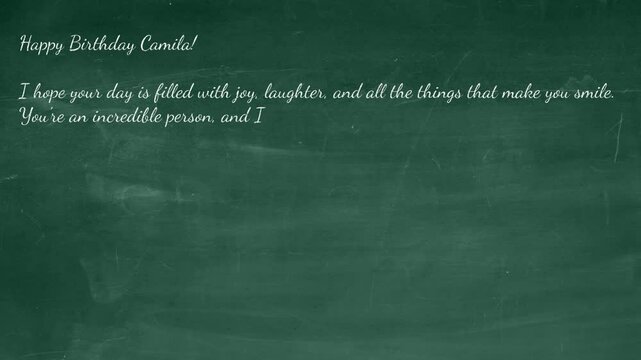 Birthday greetings in English for Camila on a chalkboard with a hand-drawn cake and sincere wishes for joy and happiness