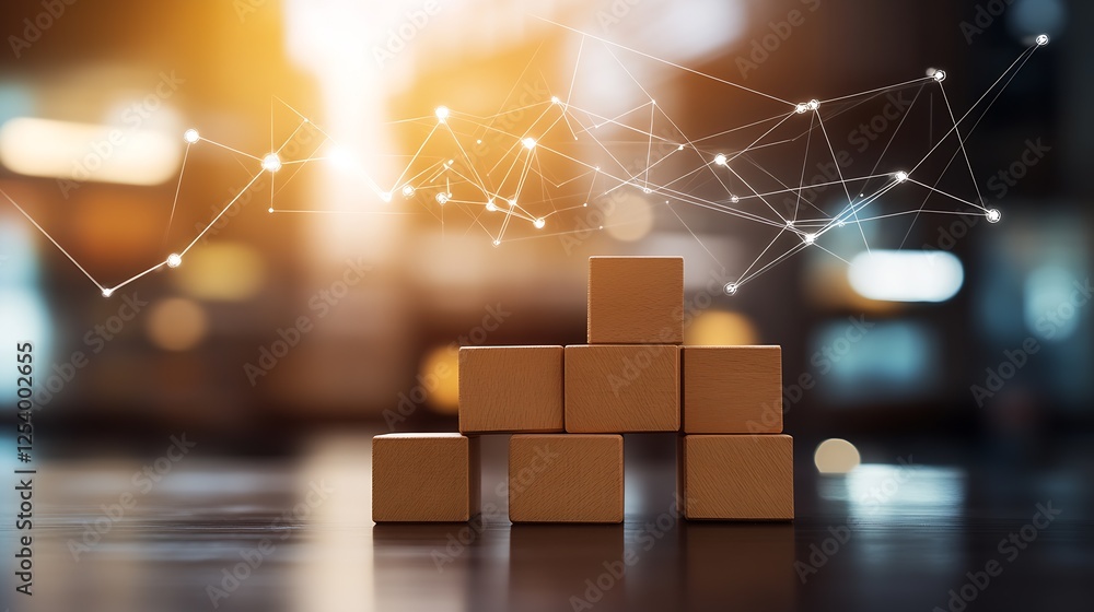 Aufkleber creative wooden blocks arrangement on a reflective surface with bright light and abstract digital co
