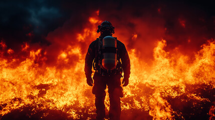 Fototapeta premium Firefighter stands resolutely amidst raging flames during a wildfire battle at sunset near a forest