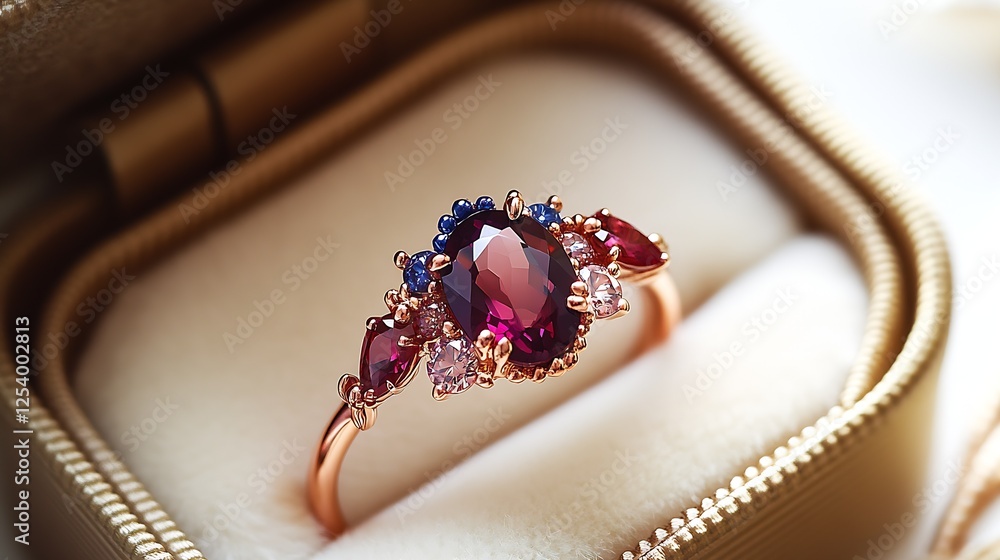 Poster Elegant gem ring with intricate design featuring vibrant colored gemstones in luxurious setting : Generative AI