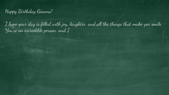 Birthday greetings in English for Gianna on a chalkboard with a hand-drawn cake and sincere wishes for joy and happiness