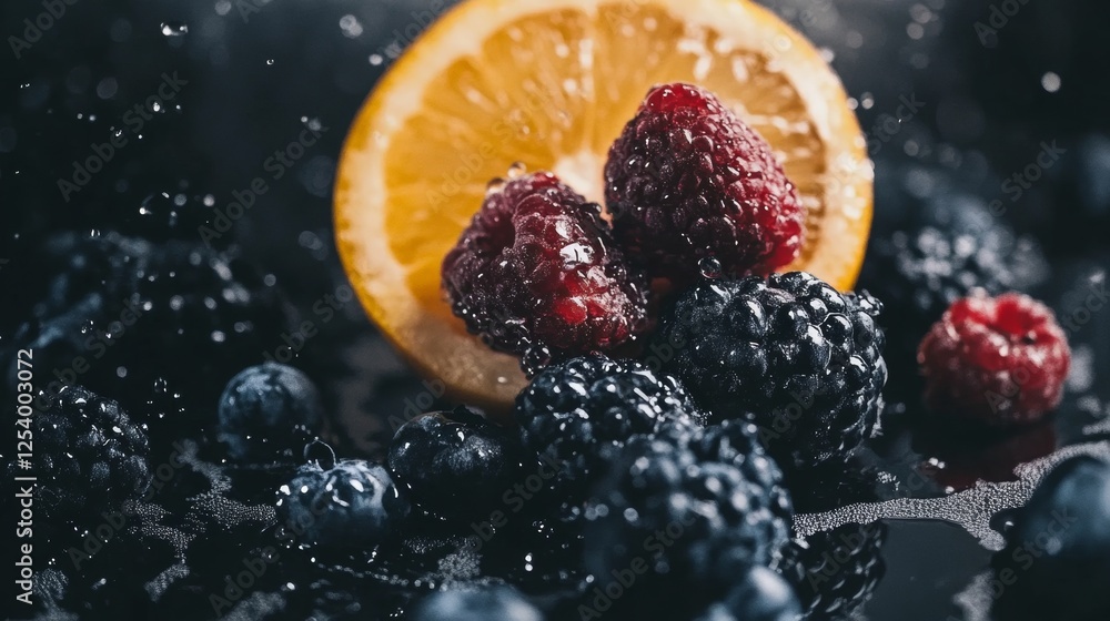 Wall mural Close-up of fresh mixed berries with orange slice on dark background