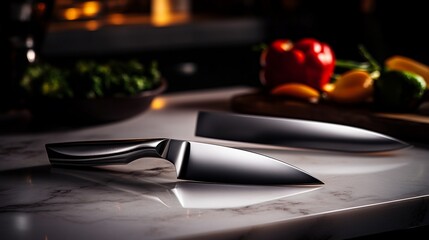 Sleek Chef Knives on Marble Countertop