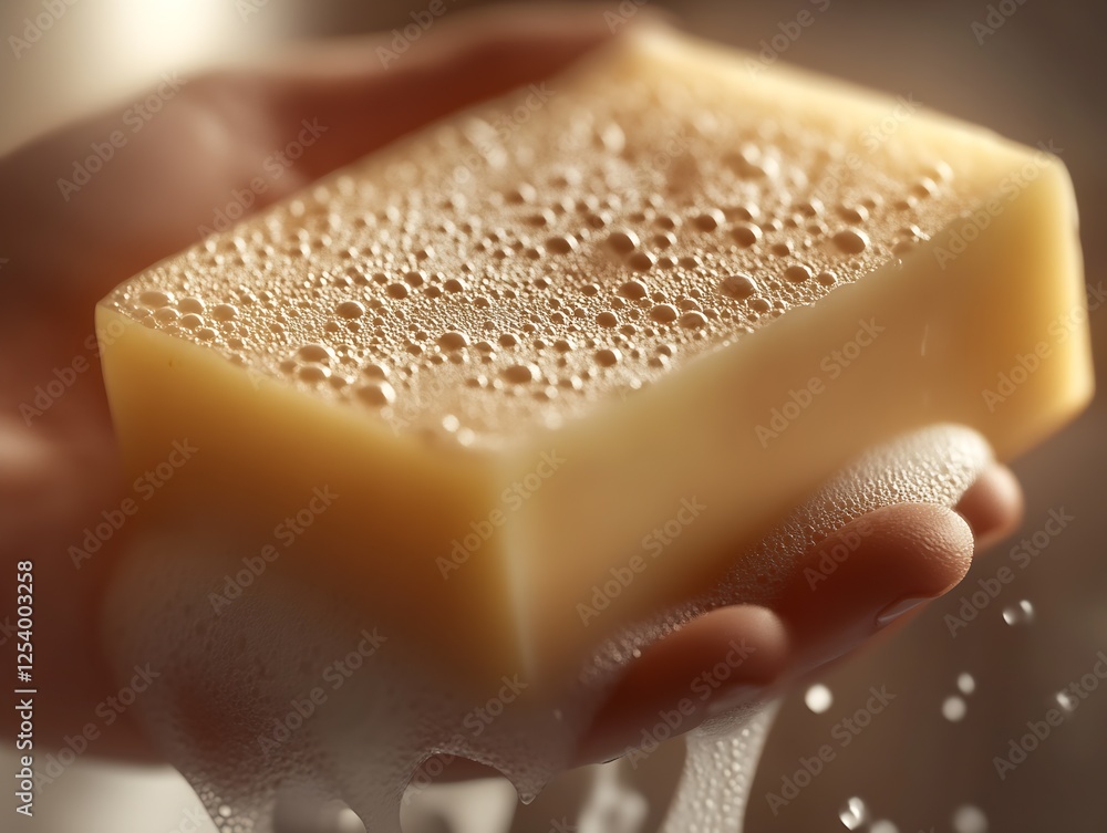 Aufkleber Hand holding a bar of soap with a rich layer of bubbles creating a clean and fresh feel : Generative AI