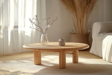 Sunlit minimal room with a round wooden table holding a delicate vase, capturing tranquility and simple elegance.