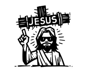 cartoon jesus with cross and halo black and white vector
