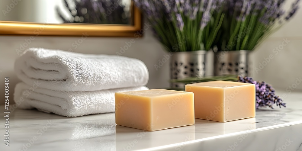 Poster luxurious bathroom setup featuring lavender soap bars and plush towels for a calming spa experience 