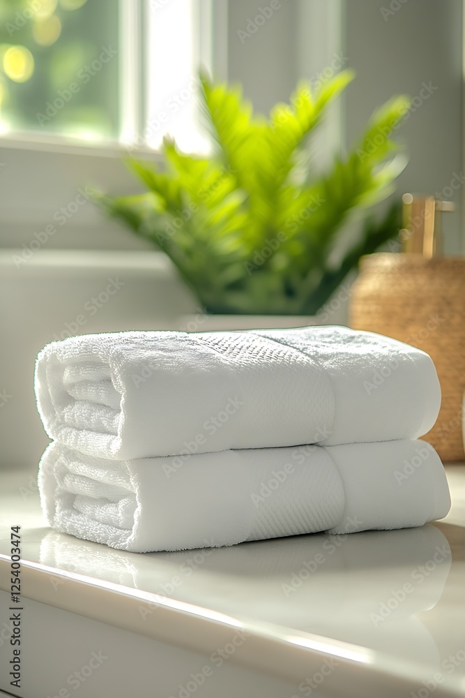 Poster Stack of pristine white towels neatly arranged on a marble surface with a lush green plant in the background adding a spa-like atmosphere : Generative AI