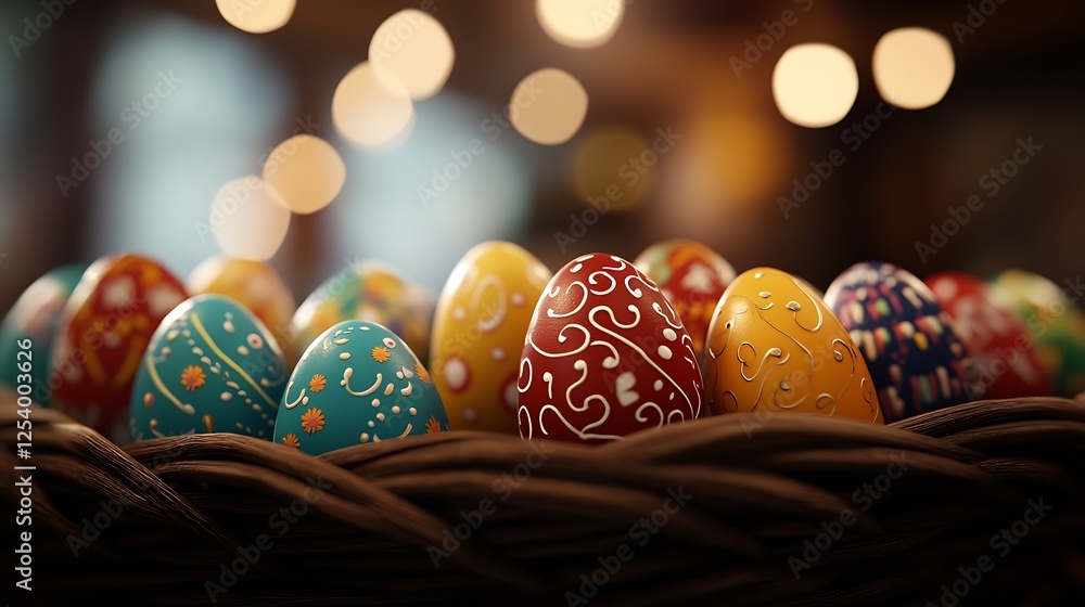 Aufkleber colorful easter eggs decorated with intricate patterns displayed in a rustic woven basket for the fe