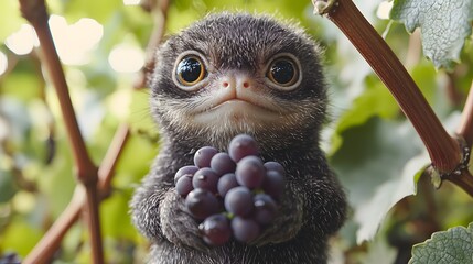 Cute Furry Creature Holding Grapes In A Vineyard