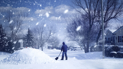Snowy winter day with a person shoveling snow in a suburban neighborhood under cloudy skies