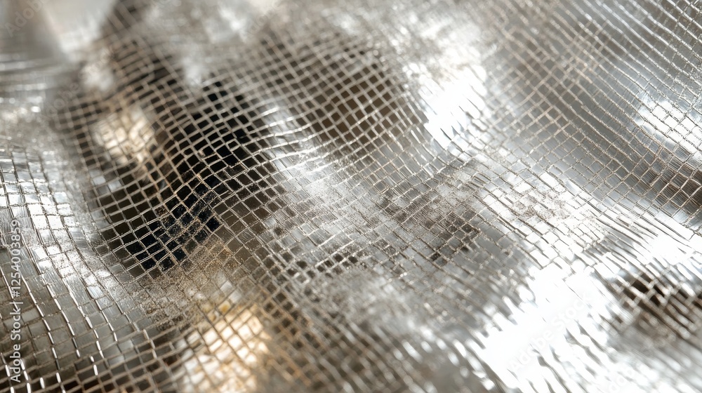 Poster reflective silver fabric with a subtle grid pattern undulates