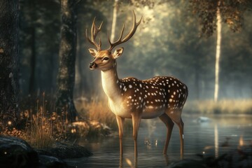Fototapeta premium Deer gracefully stands in the serene woods, showcasing the beauty of wildlife in autumn foliage