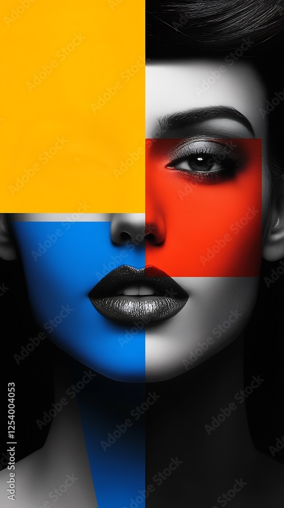 Poster Artistic portrait of a woman with striking color blocks emphasizing facial features against a dark background : Generative AI