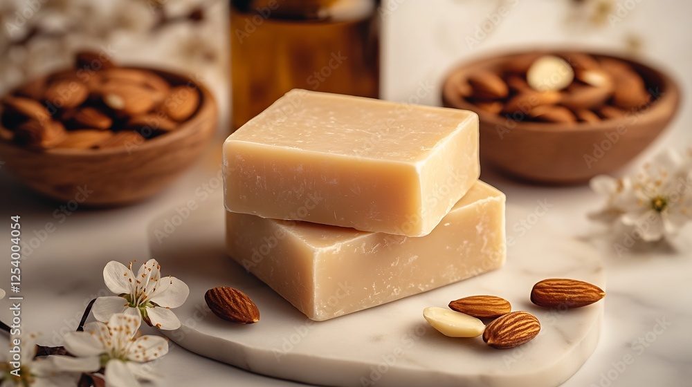 Aufkleber Artisan natural soap bars surrounded by almonds and botanical elements creating a serene spa setting : Generative AI