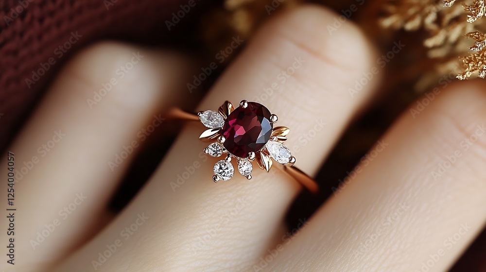Aufkleber Elegant ring featuring a deep red gemstone surrounded by sparkling diamonds set against a stylish backdrop : Generative AI
