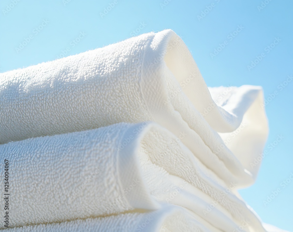 Poster Minimalist View of Stacked White Towels with Soft Textures Balanced Against a Clear Blue Sky : Generative AI