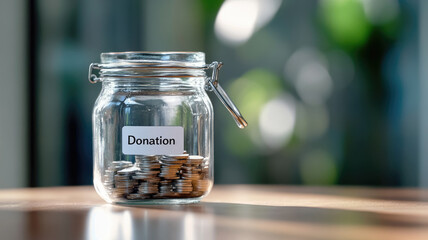 Donation jar with coins on table, sunlight background