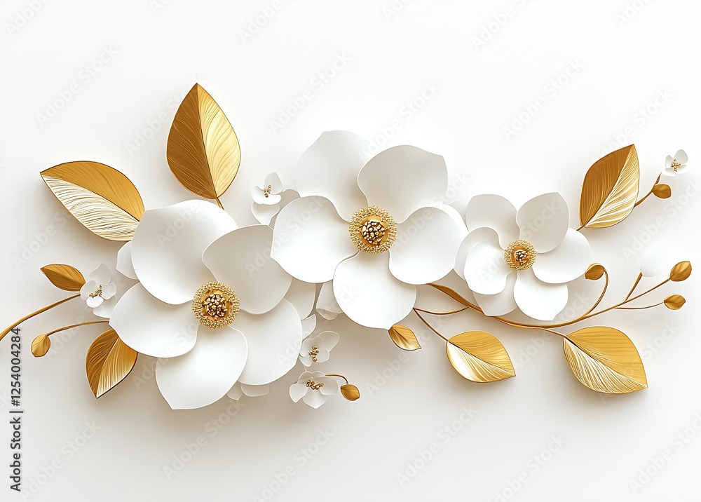 Aufkleber artistic display of white paper flowers with golden accents arranged elegantly on a bright backgroun