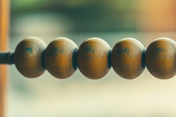 A close-up of worn, rounded wooden beads linked on a metal rod, suggesting history and tactile experience in their aged texture and smooth curves.