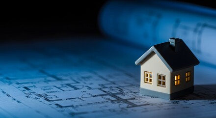 3d small house model on architecture plan, real state concept, banner, copy space