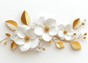 Artistic display of white paper flowers with golden accents arranged elegantly on a bright background : Generative AI