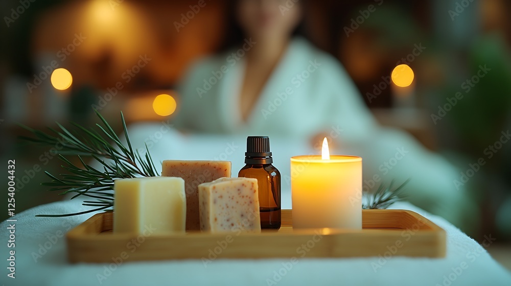 Poster soothing spa scene with natural soap candles essential oils and aromatic elements on a wooden tray :