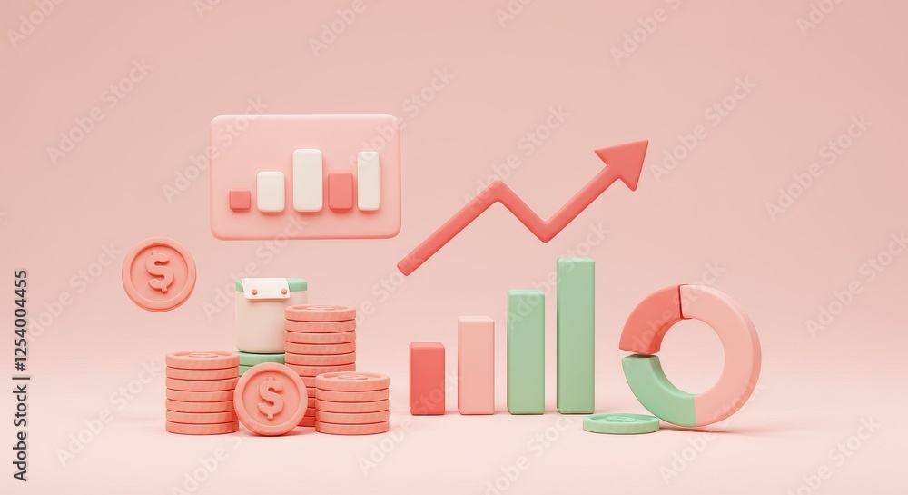 Poster a 3d composition includes stacks of coins, bar graphs in pink and green, a circular chart and a red 