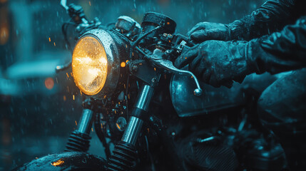 Motorcyclist rides a vintage bike in the rain, showcasing the beauty of wet weather riding at dusk