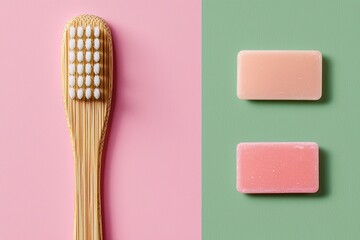 Obraz premium A wooden toothbrush is shown beside two pastel-colored gums on pink and green backgrounds, emphasizing dental hygiene and eco-friendly products.