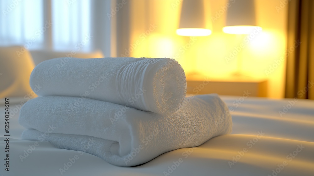 Poster soft and plush white towels stacked neatly on a bed in a cozy, warm lighting environment : generativ