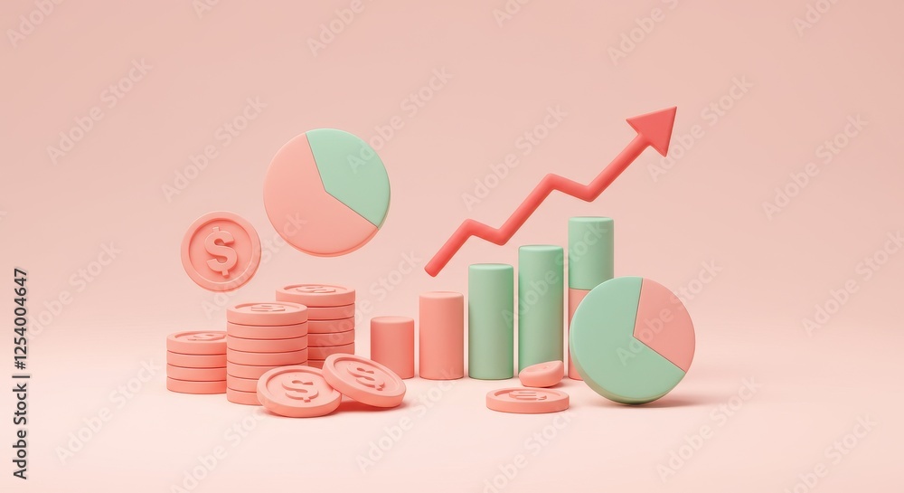 Poster a 3d composition includes stacks of coins, bar graphs in pink and green, a circular chart and a red 