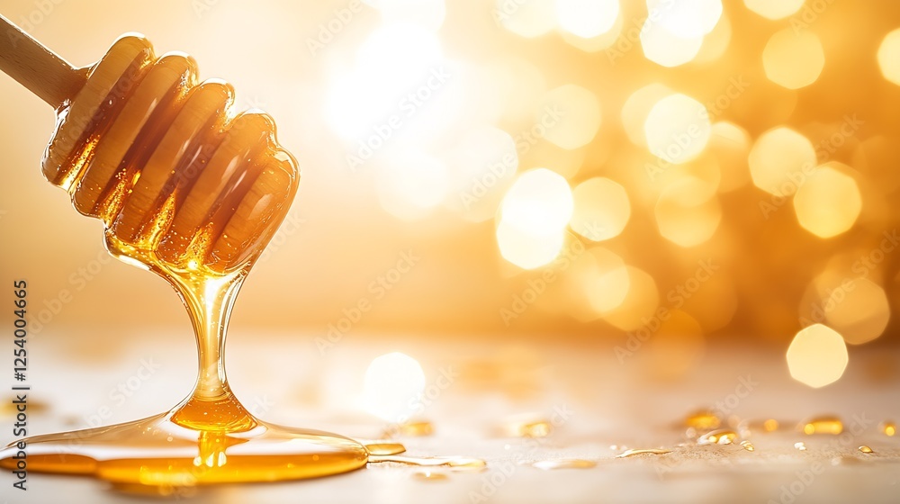 Poster golden honey dripping from a wooden honey dipper surrounded by soft bokeh lights illuminating the sc
