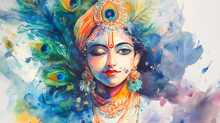 Obraz premium Watercolor radha krishna painting peacock feather love devotion hinduism god religious spirituality art. Abstract Deities. Illustration