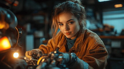 Obraz premium Young mechanic repairs motorcycle in workshop 