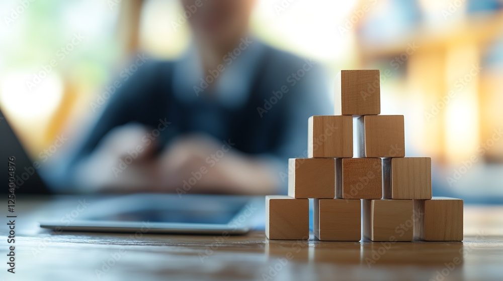 Aufkleber Artistic composition of wooden building blocks arranged in a neat pyramid on a table : Generative AI